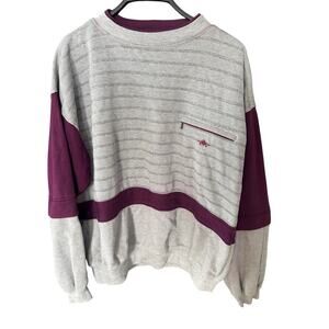 Vintage Green Line Men’s Striped Crewneck Sweatshirt | Gray & Burgundy | Size L
